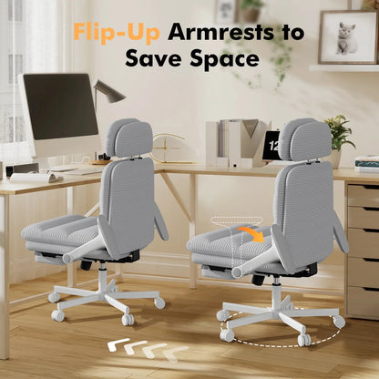 HomeZeer Ergonomic Cross-Legged Office Chair with Footrest & Headrest, Heavy Duty Executive Desk Chair with Flip-up Armrests, Corduroy Fabric Computer Criss Cross Chair for Home Office, Black