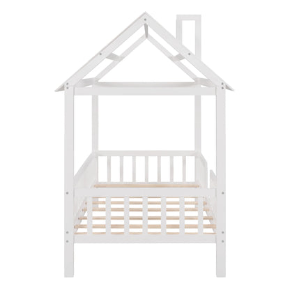 Euroco Twin Size Platform Bed, House Bed with Fence for Kids, Gray