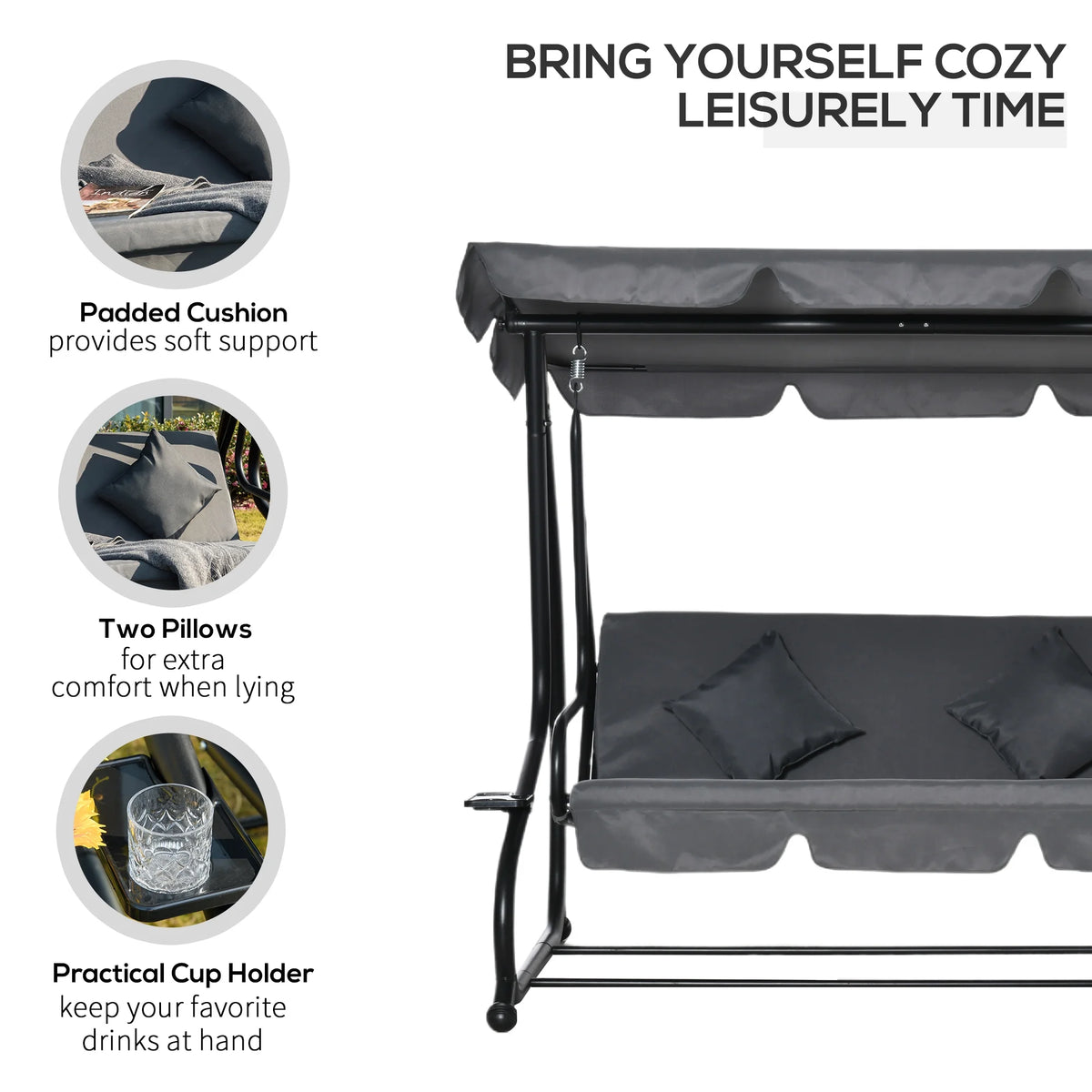 Outsunny 3-Seat Steel Outdoor Canopy Porch Swing with Cushions and Pillows, Light Brown
