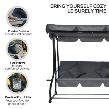Outsunny 3-Seat Steel Outdoor Canopy Porch Swing with Cushions and Pillows, Light Brown