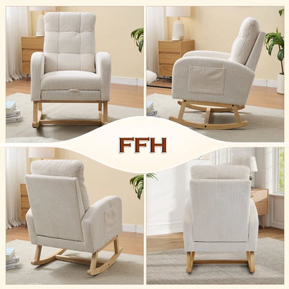 FFH Rocking Chair Nursery, Tufted Accent Rocker Chair, Upholstered Armchair with Adjustable Footrest, Side Pocket, High Backrest, Padded Seat, Polyester Blend (Retro, Dark Gray)