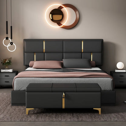 2-Pieces Bedroom Sets, Queen Size Upholstered Platform Bed with Hydraulic Storage System,Storage Ottoman with Metal Legs, 2 Piece Wood Bedroom Furniture Set, Beige