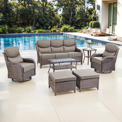 Bellefurn Luxury Outdoor Patio Furniture Set,Swivel Rocker Patio Chairs with 6-inch Thick Cushion,Patio Sofa and Glass Coffee Table,Outdoor Conversation Set for Porch, Deck, Yard