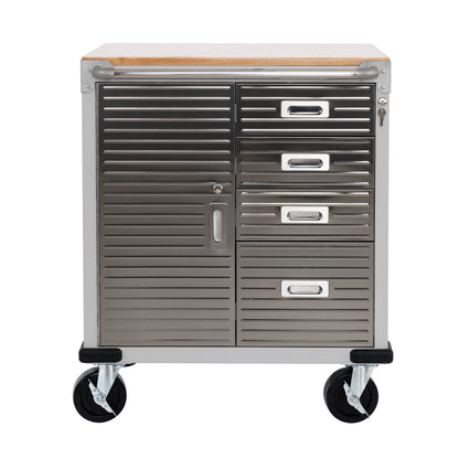 Seville Classics UltraHD® Heavy Duty Rolling Cabinet Workbench Table w/ Solid Wood Top, Workstation for Garage, Office, Workshop, Granite, 1-Door, 4-Drawer (28" W x 25" D)