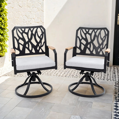Outdoor Patio K/D Aluminum Stationary Dining Chairs 2PCS with Outdoor-grade Sunbrella Fabric Cushions, Branch-Like Backrest ,FSC-Certified Wood Armrests, Bourbon Brown