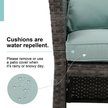 Outdoor Wicker Love Seat and Coffee Table Set, Weather Resistant Grey Rattan, Patio Furniture with Gray Cushions & Storage Bin