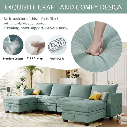 Euroco Large U-Shaped Sectional Sofa 6 Seat Convertible Sofa with Storage Seat, Modular Sofa with 2 Stools, Green