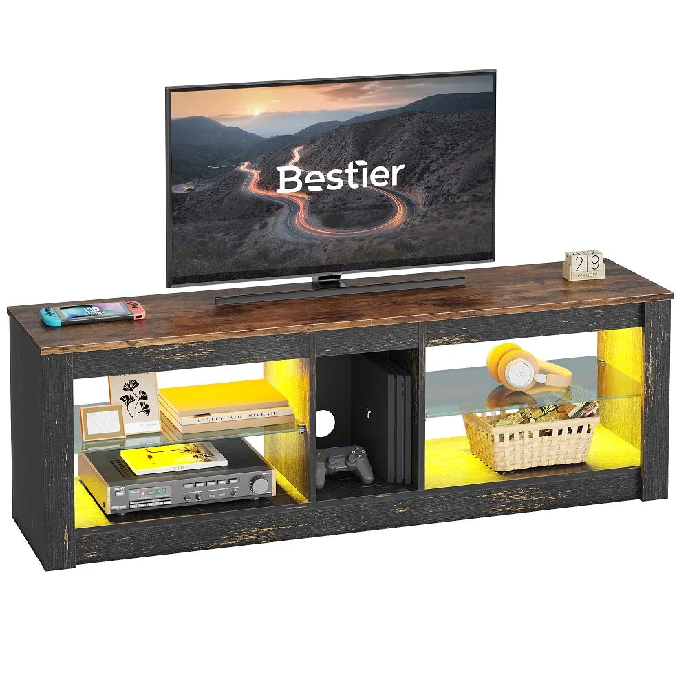 Bestier Entertainment Center with LED Lights TV Stand Media Console Table for TVs up to 60" in Light Grey