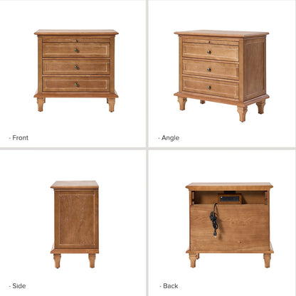 Farmhouse 3 Drawers Nightstand with Tray Bedside Table with Charging Station Acorn