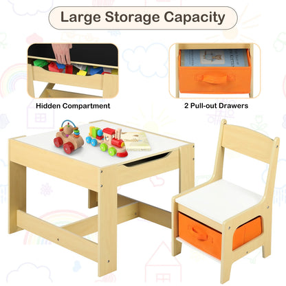 LINLUX Kids Table and 2 Chairs Set, Children Activity Table Chairs with Chalkboard/Whiteboard, Grey