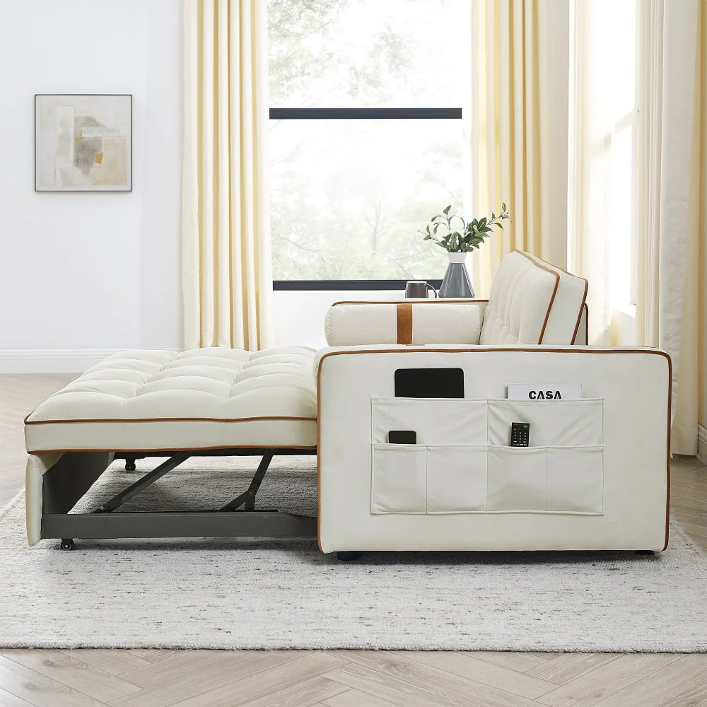 55.5" Modern Velvet Pull Out Sleep Sofa Bed,Convertible 2 Seater Loveseats Sofa Couch with Side Pockets, Velvet Sleeper Bed with Adjsutable Backrest and Lumbar Pillows for Small Space(Beige)