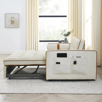 55.5" Modern Velvet Pull Out Sleep Sofa Bed,Convertible 2 Seater Loveseats Sofa Couch with Side Pockets, Velvet Sleeper Bed with Adjsutable Backrest and Lumbar Pillows for Small Space(Beige)