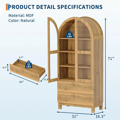 Garvee 71" Tall Arched Storage Cabinet with Acrylic Doors, Modern Wooden Pantry Cabinet with 2 Drawers & Adjustable Shelves, Versatile Kitchen Cupboard, Living Room Storage