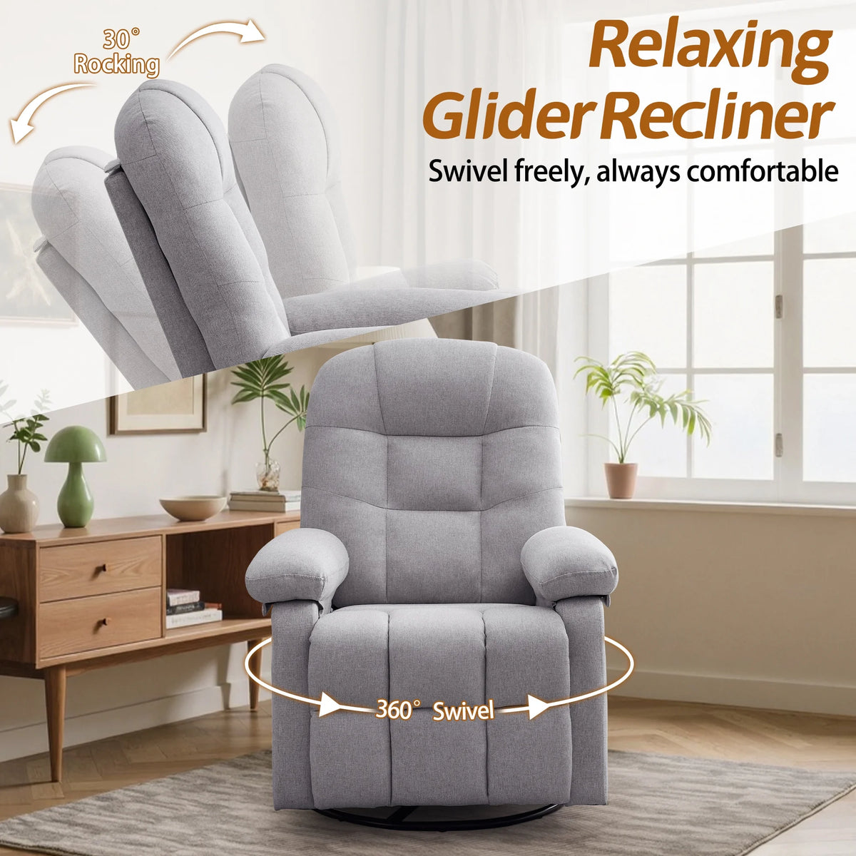Korser Manual Swivel Rocker Recliner Chair for Living Room,Small Recliner Sofa for Small Spaces,Linen Fabric,Dark Black