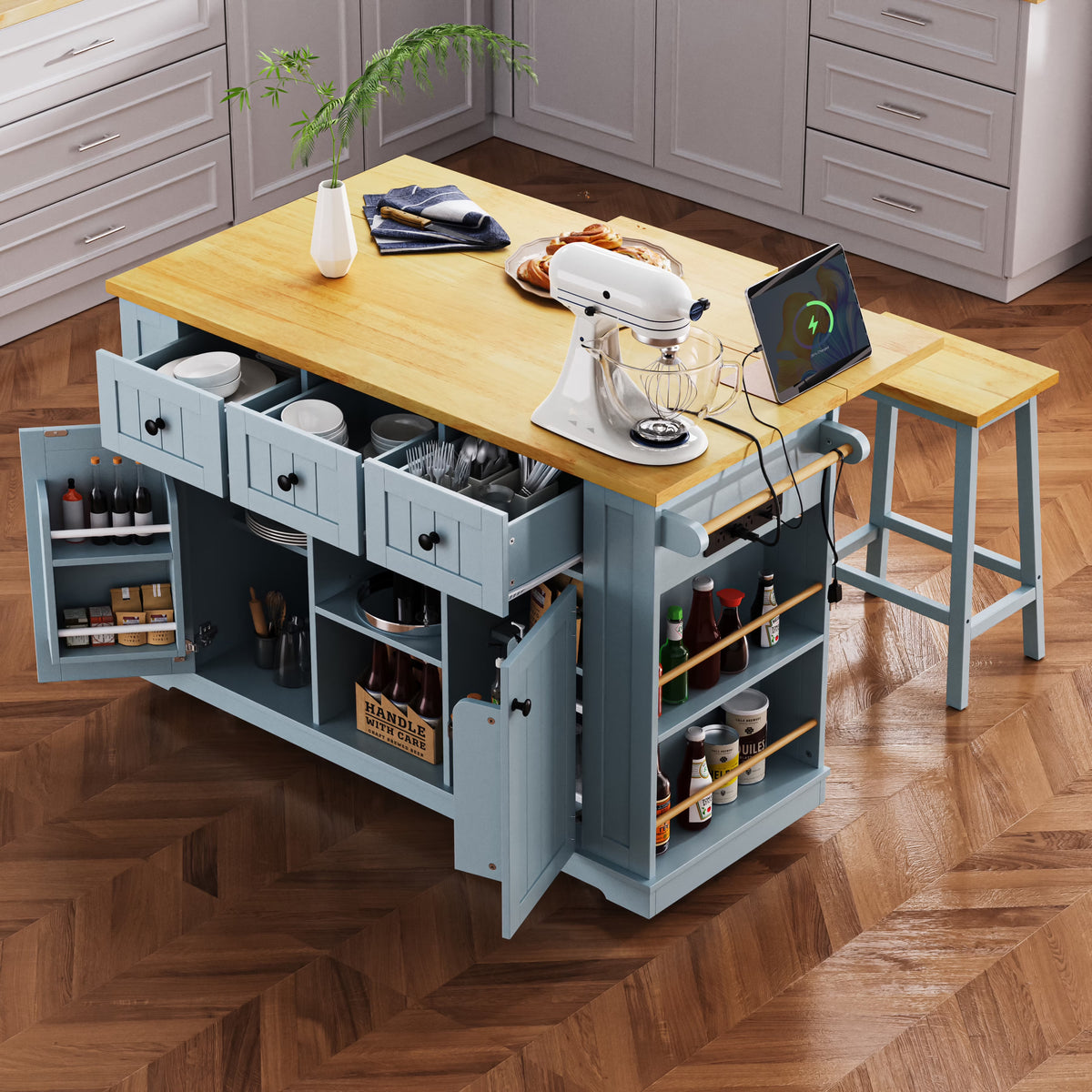EUROCO 53" Large Kitchen Island with Drop Leaf,Kitchen Island Cart on 5 Wheels with Power Outlet,Door Internal Storage Rack and 5 Open Side Racks,Rolling Kitchen Table for Dining Room,Grey Blue