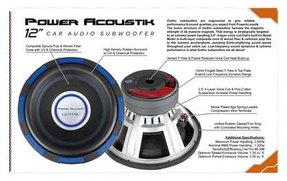 Power Acoustik Gothic Series GW-124 Premium 12" Subwoofer - 2,500 Watt Max, Composite Fiber Rigid Cone (New)