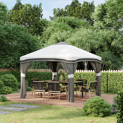 Outsunny 10' x 10' Pop Up Canopy with Nettings, Foldable Party Tent with Wheeled Carry Bag and 4 Sand Bags, Beige