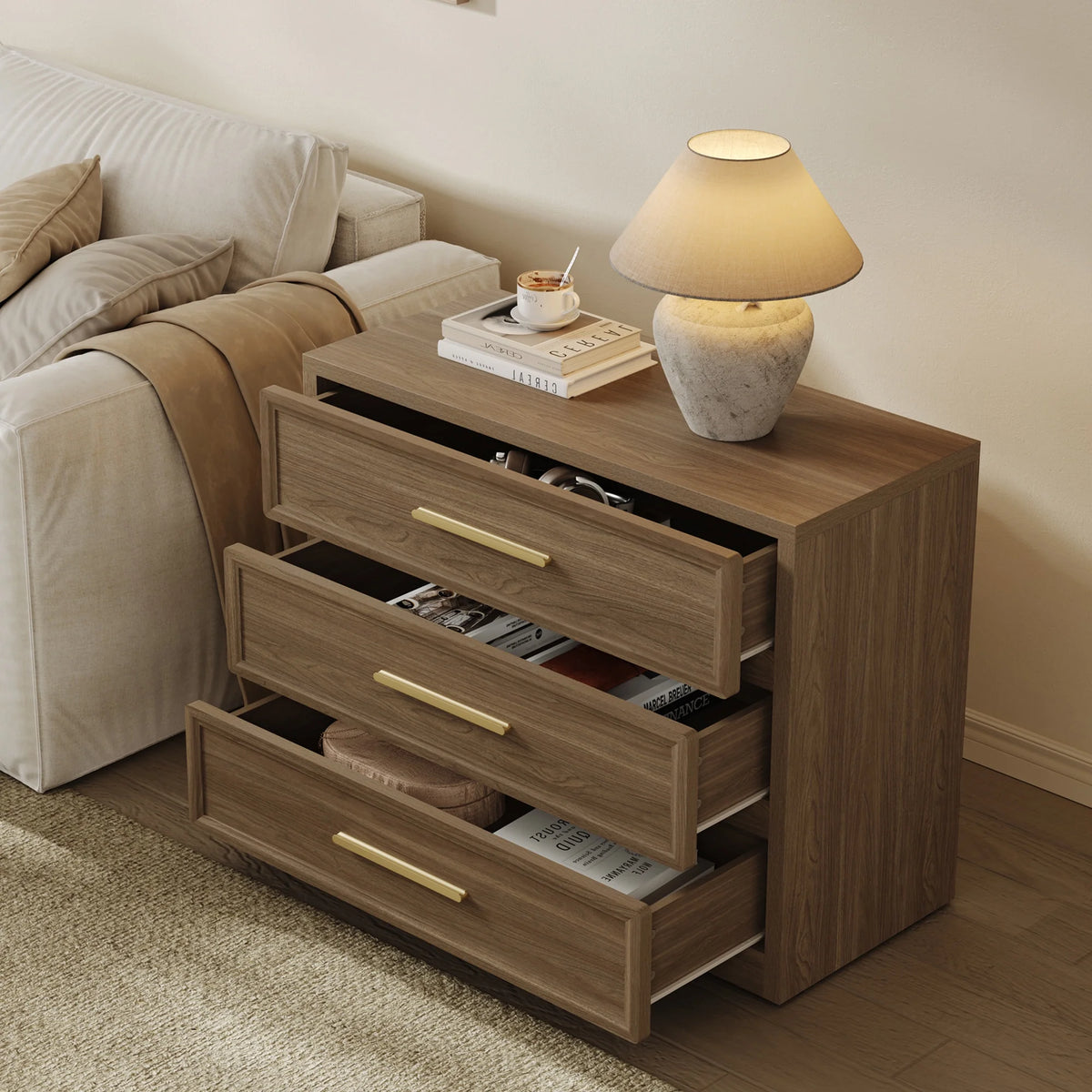 SICOTAS 31.3" W 3-Drawer Nightstand Set of 2 with Oversized Large Storage , Modern Night Stands Bedside Table with Adjustable Feet & Gold Handles for Bedroom Living Room Entryway, Light Oak