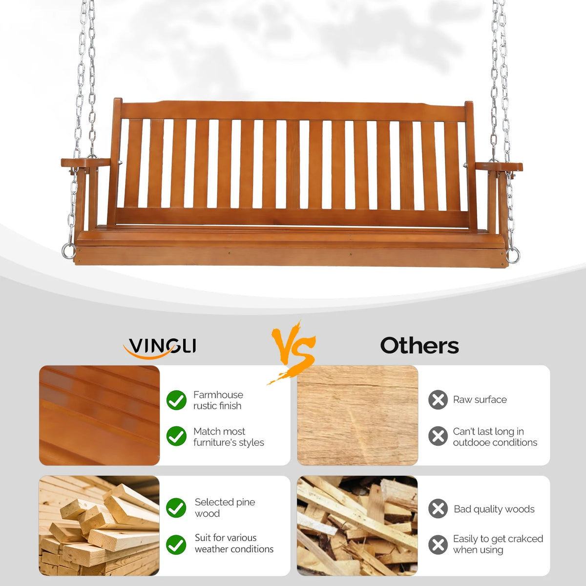 VINGLI Heavy Duty 880 LBS 4 FT Patio Wooden Porch Swing with Upgraded Adjustable Chains, Rustic
