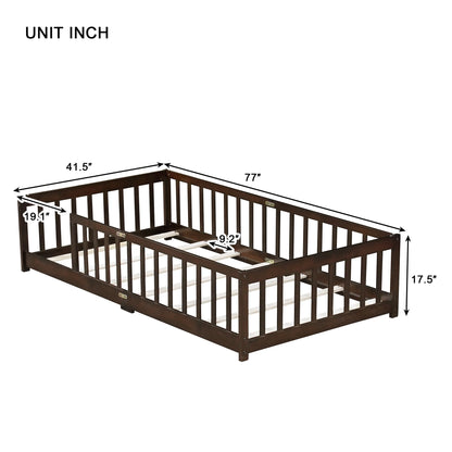 Miniyam Wooden Twin Size Floor Bed with Safety Fence for Kids, Natural