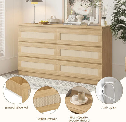 Jojoka 6-Drawers Rattan Dresser for Bedroom Chest of Drawers, TV Stand for 55" TV, Wood Top Storage Organizer Cabinet for Living Room, Entryway, Hallway, Natural