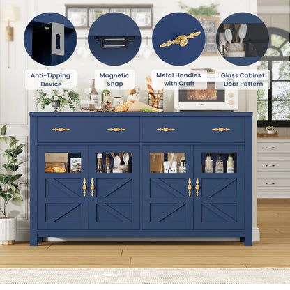 Homfa Farmhouse 55.1"WKitchen Buffet Cabinet with Storage Drawer & Adjustable Shelf, Glass Door Wood Sideboard Credenza Coffee Bar with for Dining Room Living Room, White & Black