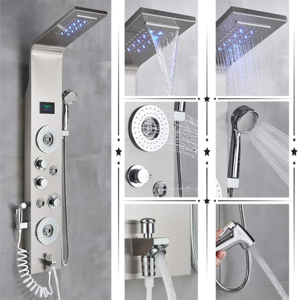 Shower Panel Tower System LED Rain&Waterfall Massage Jet Sprayer Stainless Steel