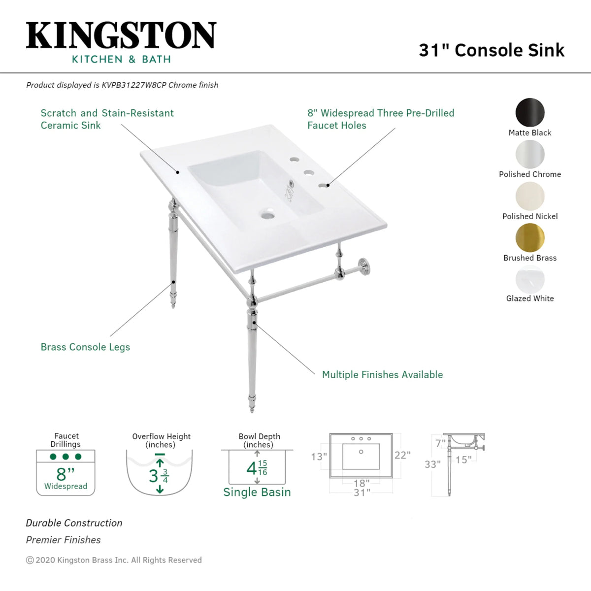Kingston Brass KVPB31227W8PN Edwardian 31" Ceramic Console Sink with Brass Legs (8-Inch, 3-Hole), White/Polished Nickel