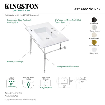 Kingston Brass KVPB31227W8PN Edwardian 31" Ceramic Console Sink with Brass Legs (8-Inch, 3-Hole), White/Polished Nickel