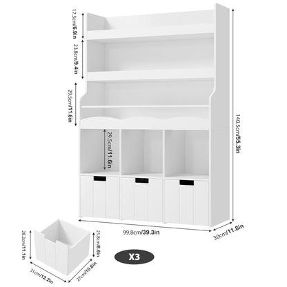 Homfa 55.5�� H Kids Bookshelf with 2-Tier Book Shelves, Children Toy Organizer with 3 Cubes and Removable Drawers, White