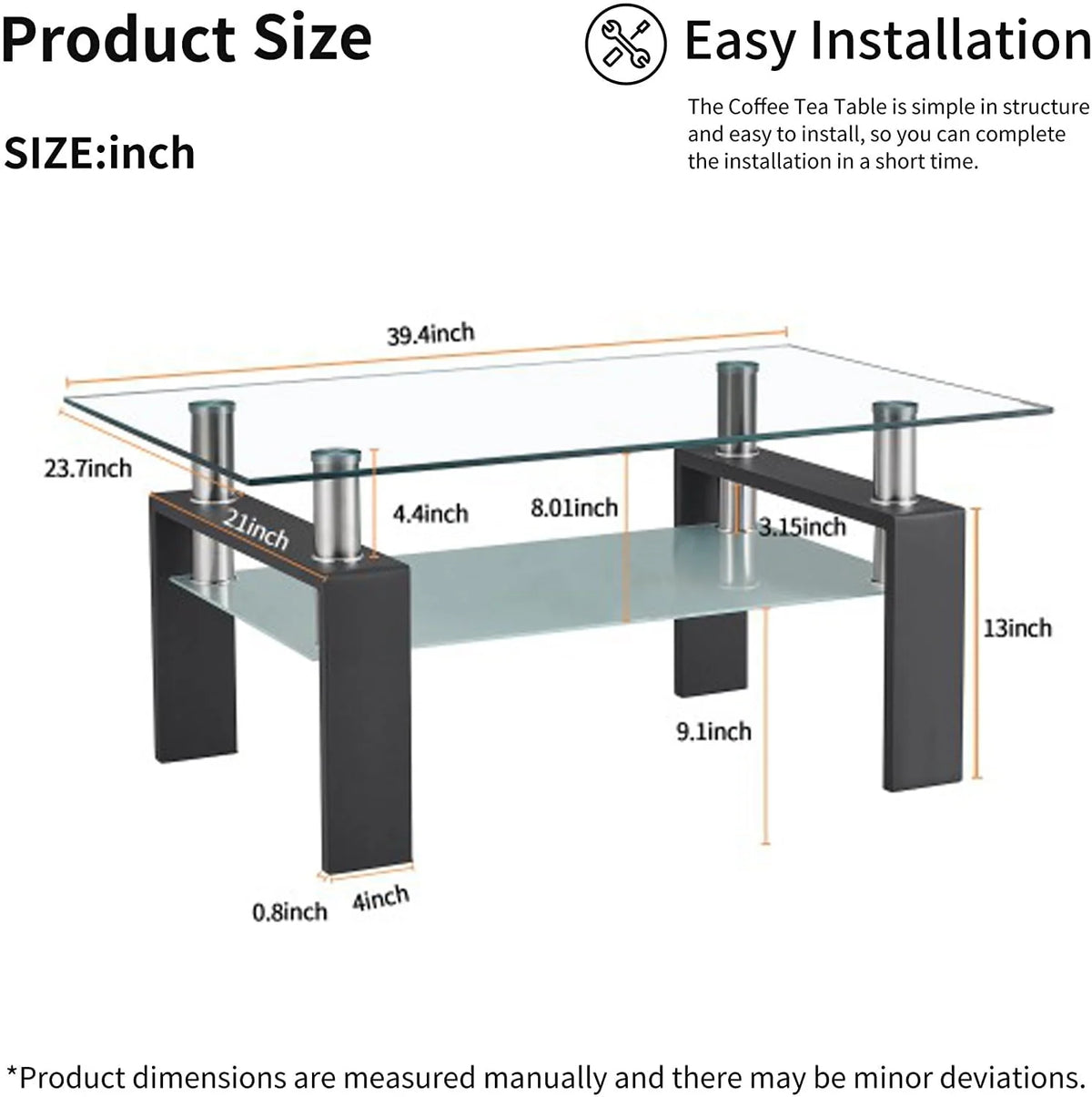 Glass Coffee Table with Lower Shelf, Clear Rectangle Glass Coffee Table, Modern Coffee Table with Metal Legs, Rectangle Center Table Sofa Table Home Furniture for Living Room, L5509