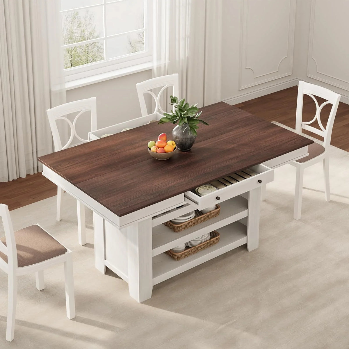 60" Counter Height Dining Table for 4,Rustic Counter Height Dining Table with Drawers& Open Shelves for Kitchen, Bar