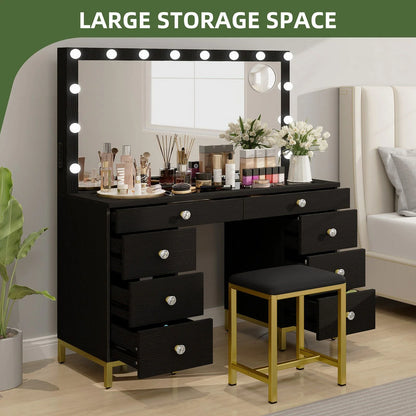 Uforic 55" Vanity Desk with Lighted Mirror & Power Outlet & 8 Drawers, Modern Makeup Vanity Table Set with Storage Stool, White