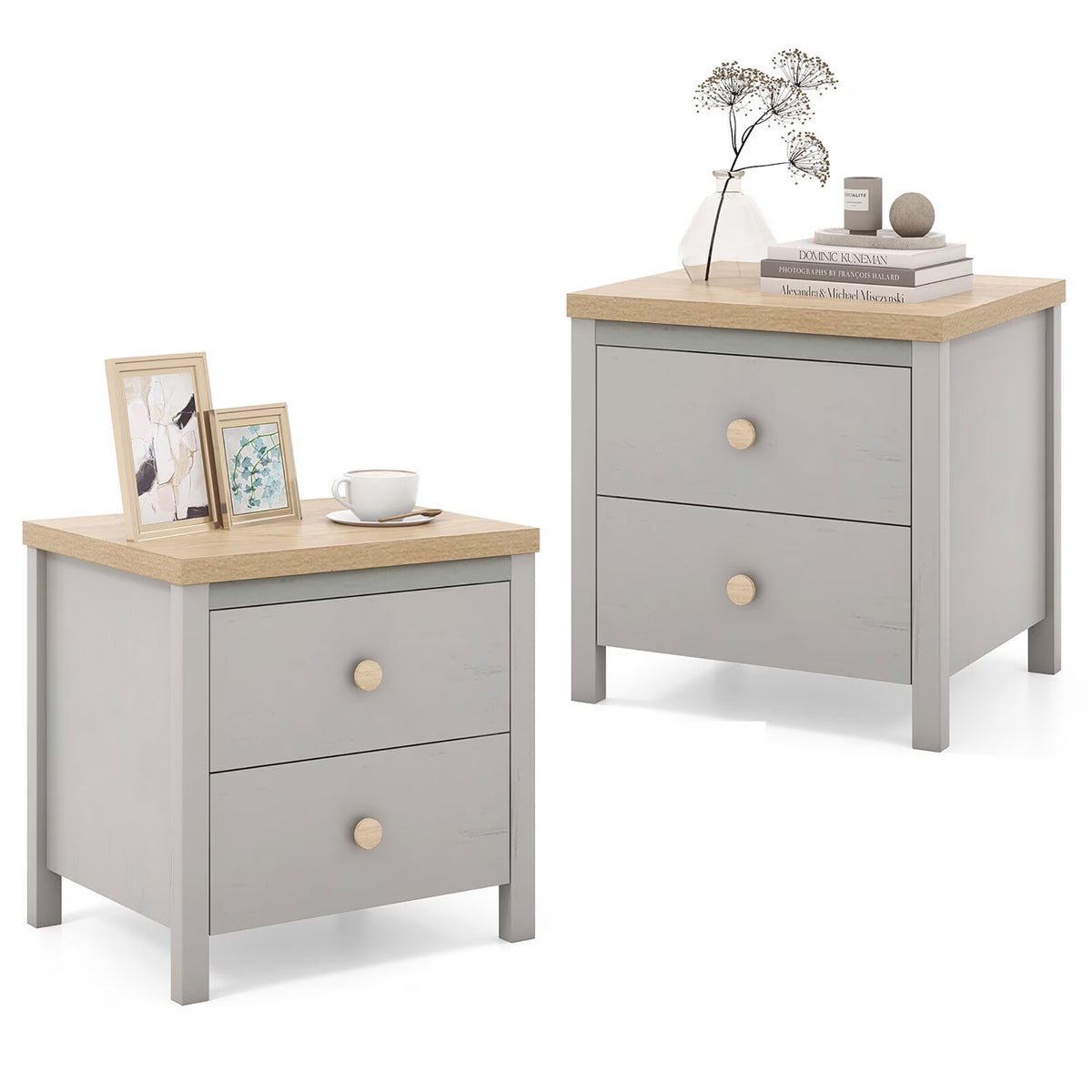 Gymax 2 PCS Nightstand Farmhouse Side End Table w/ Solid Wood Legs & 2 Drawers White