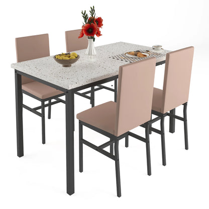 5 Piece Dining Set, Modern Dining Table and Chairs Set for 4, Counter Height Bar Table Set, Modern Pub Table with 4 Velvet Fabric Cushioned Stools, Faux Marble Dining Table & Stools Set, D9297