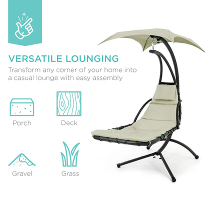 Best Choice Products Hanging Curved Chaise Lounge Chair Swing for Backyard, Patio w/ Pillow, Shade, Stand - Teal