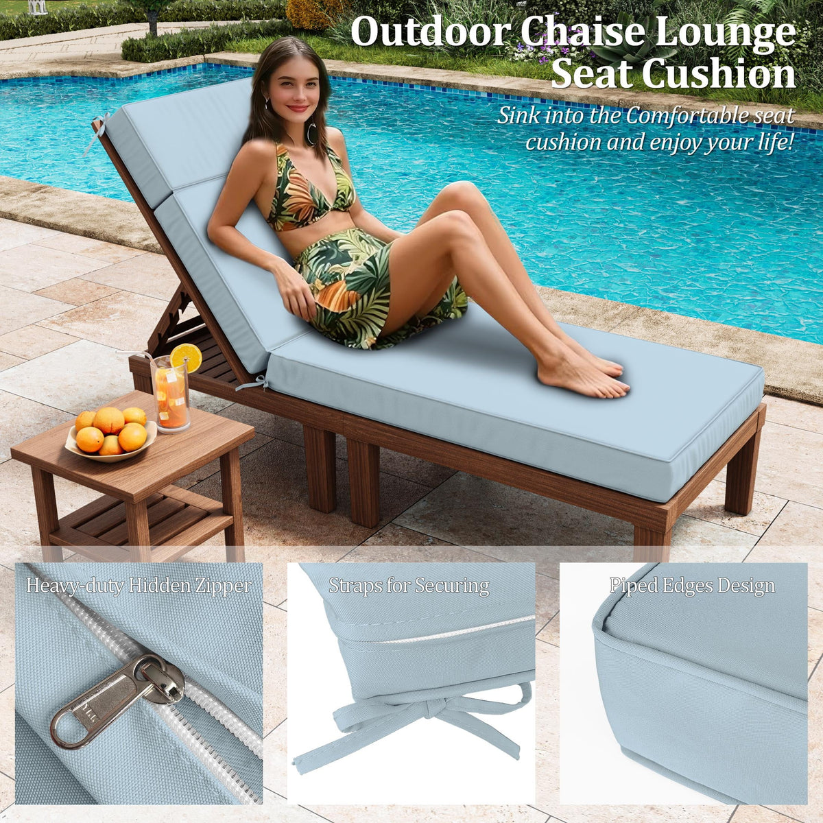 Kimunuk Outdoor Chaise Lounge Cushions set of 2, 80" x 26" x 4" Waterproof Pool Beach Recliner Replacement Cushions with Ties, Navy