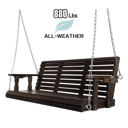 Fortune Candy 3 Person Outdoor Wood Hanging Swing, Heavy Duty 880 lbs Wood Porch Swing, Brown-5ft