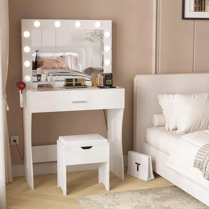 Vanity Table Set with Lighted Mirror,Makeup Vanity with Lights, Large Drawer Sturdy Wood Vanity, White