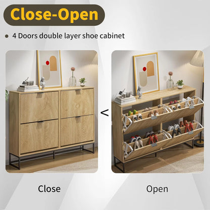 Oubayajia Modern Shoe Storage Cabinet, Wood Shoe Rack Organizer with 2 Flip Drawers, Freestanding Narrow Shoe Cabinet for Entryway Hallway, Natural