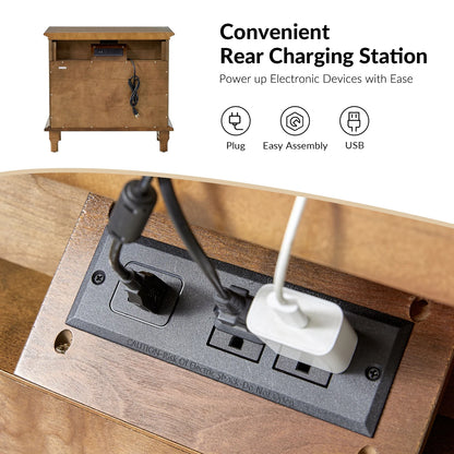 Farmhouse 3 Drawers Nightstand with Tray Bedside Table with Charging Station Acorn