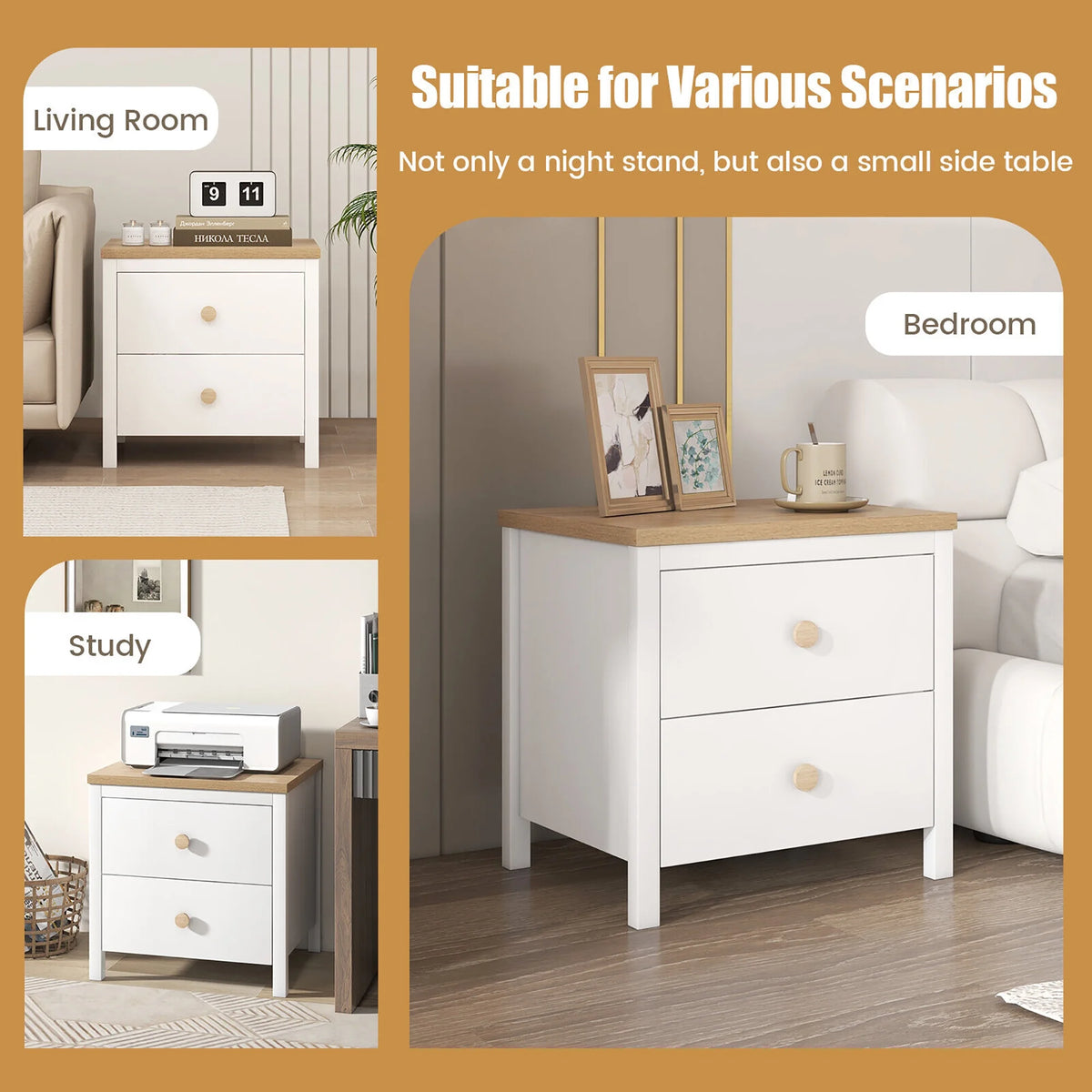 Gymax 2 PCS Nightstand Farmhouse Side End Table w/ Solid Wood Legs & 2 Drawers White