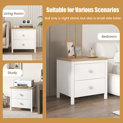 Gymax 2 PCS Nightstand Farmhouse Side End Table w/ Solid Wood Legs & 2 Drawers White