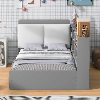 Euroco Wood Twin Size Platform Bed with Storage Headboard and Shelves, 2 Drawers Floor Bed for Kids, White