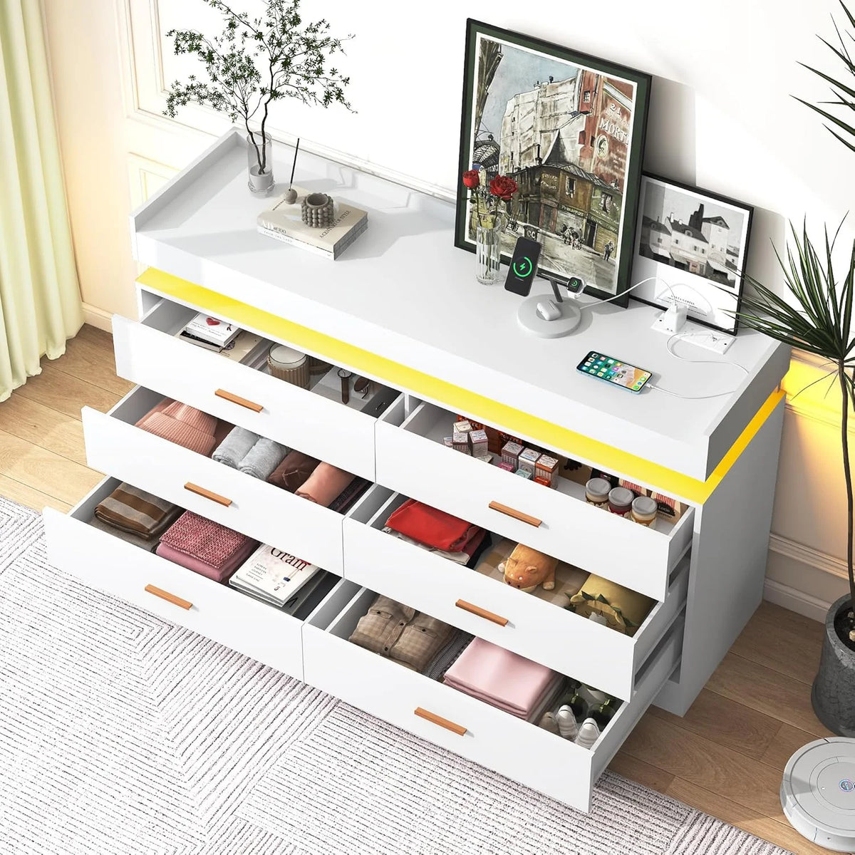 ANPOO 9 Drawer Dresser with LED Lights and Charging Station, Modern Double Wide Chest of Drawers with Power Outlet for Bedroom, Living Room