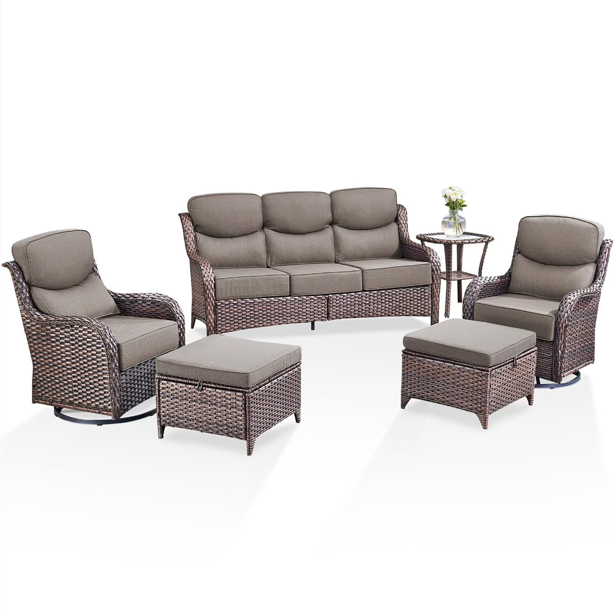 Bellefurn Luxury Outdoor Patio Furniture Set,Swivel Rocker Patio Chairs with 6-inch Thick Cushion,Patio Sofa and Glass Coffee Table,Outdoor Conversation Set for Porch, Deck, Yard