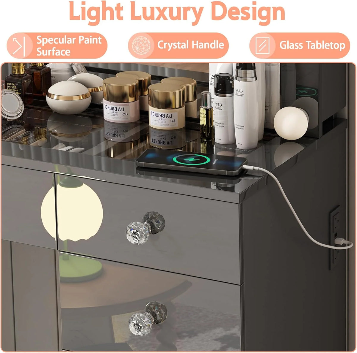 Linor Modern Adult Vanity Desk Set with Mirror, 14 LED Lights, 11 Drawers, Glass Top, White