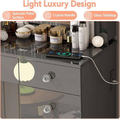 Linor Modern Adult Vanity Desk Set with Mirror, 14 LED Lights, 11 Drawers, Glass Top, White
