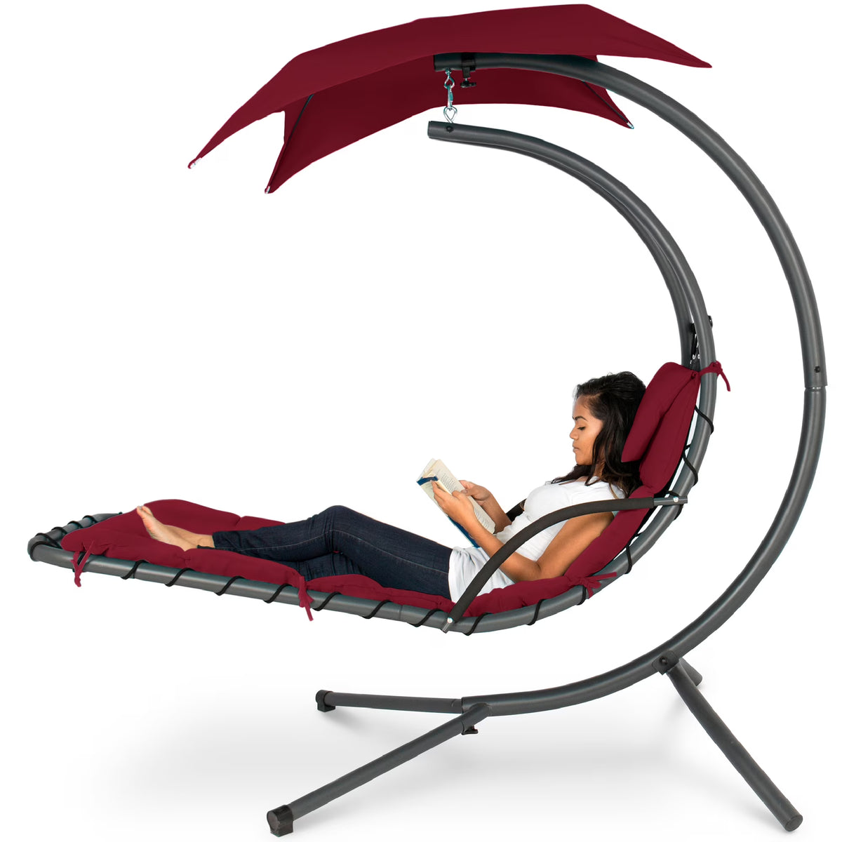 Best Choice Products Hanging Curved Chaise Lounge Chair Swing for Backyard, Patio w/ Pillow, Shade, Stand - Teal
