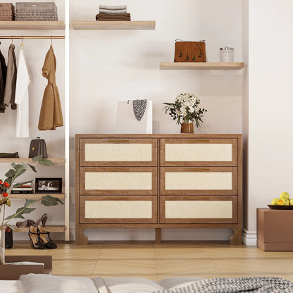 Homhougo White Dresser for Bedroom 6 Drawer, Wood Organizer Storage Cabinet with Gray Strip Drawer Door, Chest of Drawers for Closet, Living Room, Hallway, Nursery, Kids Bedroom